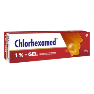 Verpackung von Chlorhexamed 1 % Gel in einer roten und weißen Box mit einer Abbildung eines menschlichen Gesichts.