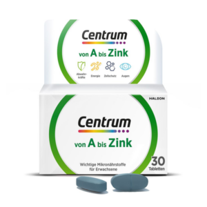 Verpackung von Centrum von A bis Zink mit Informationen zu Mikronährstoffen, enthalten sind zwei Tabletten.