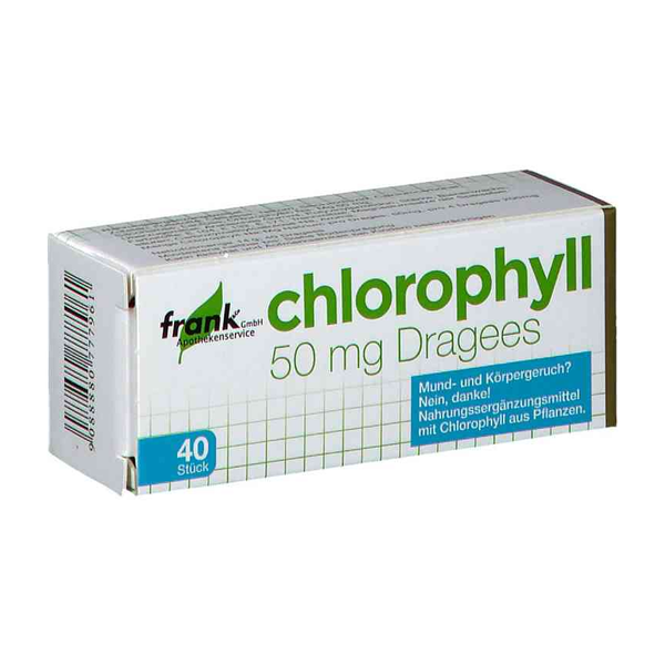 Verpackung von Chlorophyll Dragees, 50 mg, mit Gesundheitsinformationen und Hinweis zu Chlorophyll aus Pflanzen.