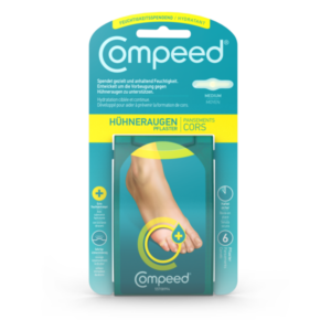 Verpackung von Compeed Hühnerrückenpflaster, zeigt ein freigelegtes Fußmotiv und enthält Hydratationshinweise.