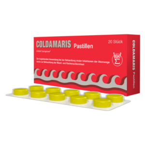 Packung mit COLDAMARIS Pastillen in gelber Farbe zur Behandlung von Atemwegsinfektionen.