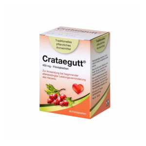 Verpackung von Crataegutt, einem pflanzlichen Arzneimittel, zur Unterstützung bei altersbedingten Herzleistungsminderungen.
