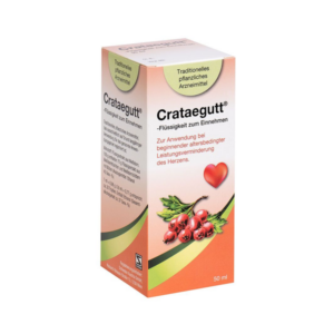 Packung Crataegutt, ein pflanzliches Arzneimittel zur Unterstützung des Herzens, mit Abbildung von roten Beeren.