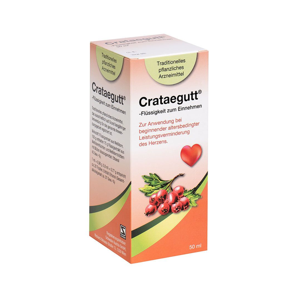 Packung Crataegutt, ein pflanzliches Arzneimittel zur Unterstützung des Herzens, mit Abbildung von roten Beeren.