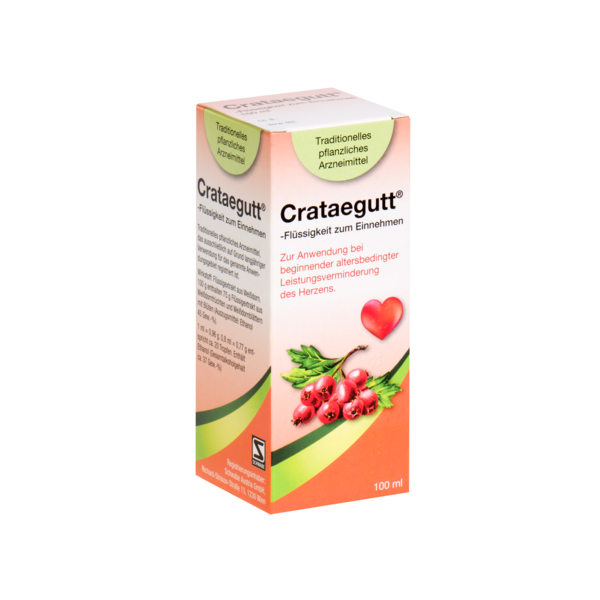 Verpackung von Crataegutt, einer flüssigen Arznei zur Unterstützung der Herzleistung, abgebildet auf einer steilen Ansicht.