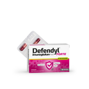 Verpackung von Defendyl Imunoglukan P4H Forte mit Kapseln zur Unterstützung der Immunität in einer modernen Box.