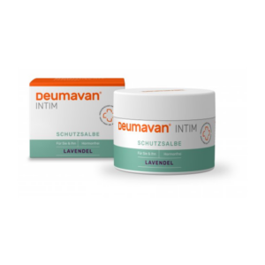 Deumavan Intim Schutzsalbe in glattem weißen Tiegel, umgeben von einer schützenden Verpackung mit lila und grünen Elementen.