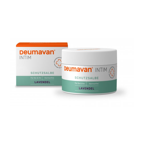 Deumavan Intim Schutzsalbe in glattem weißen Tiegel, umgeben von einer schützenden Verpackung mit lila und grünen Elementen.
