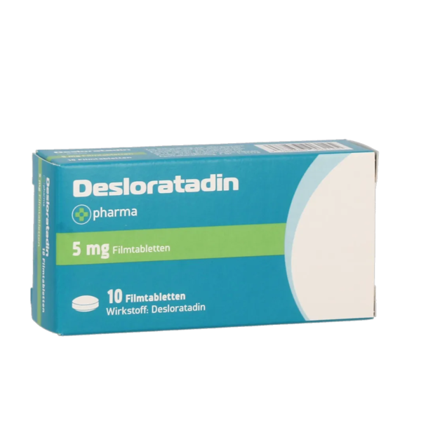 Packung mit Desloratadin Filmtabletten, 5 mg, für Allergiebehandlung, turquoise und grüne Farbgestaltung.