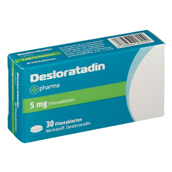 Packung mit 30 Filmtabletten Desloratadin, 5 mg, zur Behandlung von Allergien.