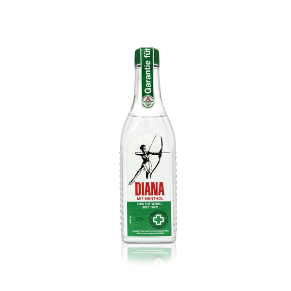 Flasche mit klarer Flüssigkeit, beschriftet mit 'DIANA mit Menthol' und einem historischen Logo mit einem Bogenschützen.