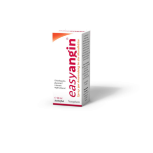 Kartonnage des Sprays "easyangin" zur Anwendung in der Mundhöhle, mit Angaben zu Inhaltsstoffen und Anwendungseigenschaften.