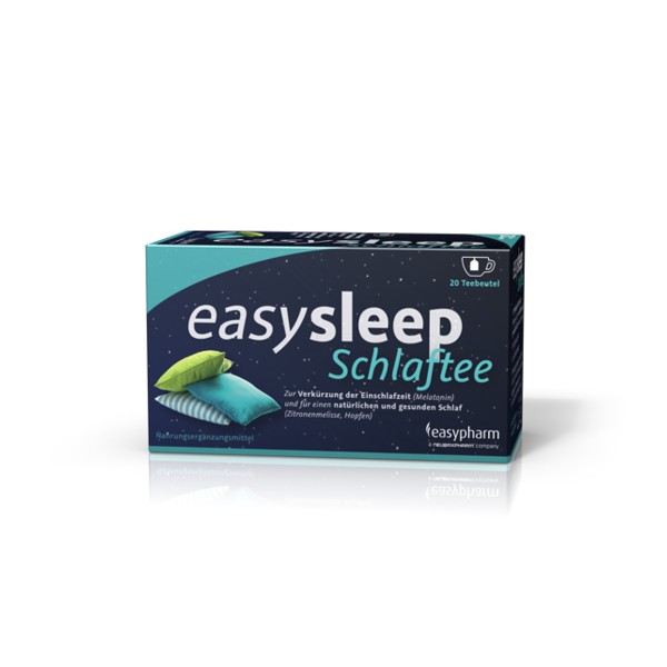 Verpackung von easy sleep Schlaftee mit bunten Kissen und einer Beschreibung zur Verwendung für besseren Schlaf.