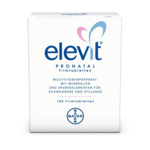 Packung mit Elevit Prenatal Filmtabletten, einem Multivitaminpräparat für Schwangere und Stillende.