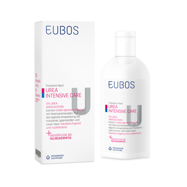 Flasche mit 5% Urea-Waschlotion für trockene Haut, in einer hellen Verpackung, die die Anwendung bei Neurodermitis empfiehlt.