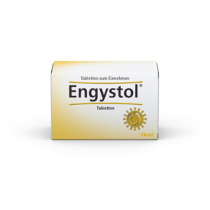 Verpackung von Engystol Tabletten zum Einnehmen in einem weißen und gelben Karton mit goldenen Akzenten.