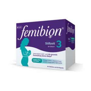 Verpackung von femibion Stillzeit 3, unterstützt die gesunde Entwicklung von Babys mit wichtigen Nährstoffen.