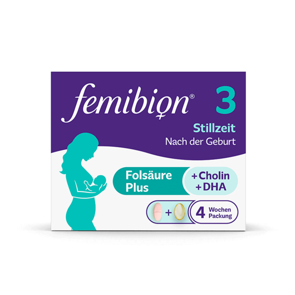 Verpackung von femibion 3 für Stillende, zeigt eine Mutter mit Kind sowie Informationen zu Inhaltsstoffen und Nutzung.