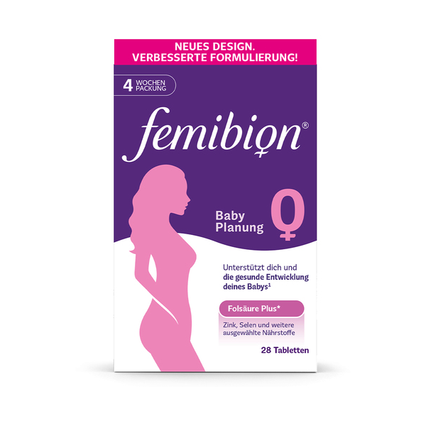 Verpackung von femibion Babyplanung, unterstützt die gesunde Entwicklung des Babys, enthält 28 Tabletten.