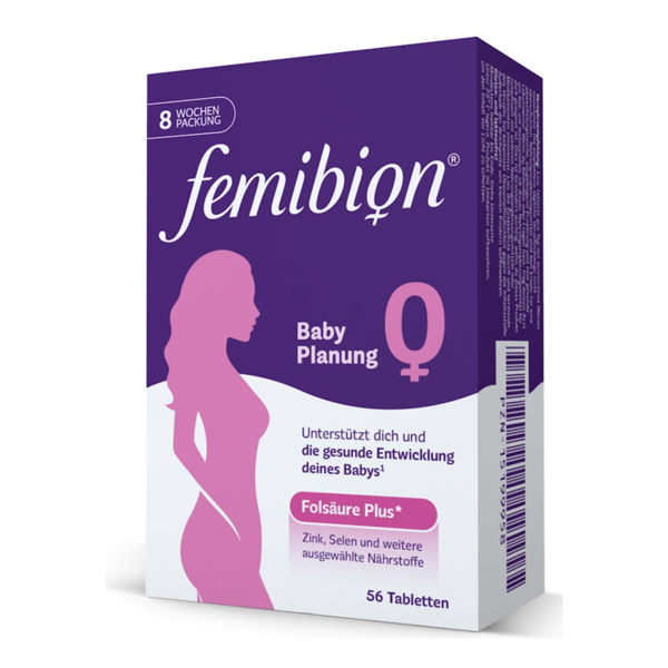 Verpackung von femibion Baby Planung mit der Aufschrift "Folsäure Plus" und einer stilisierten Frauenfigur.