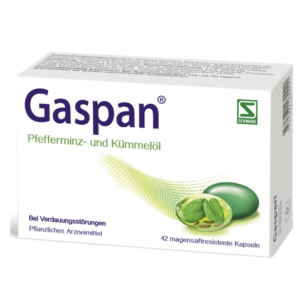Packung von Gaspan, einem pflanzlichen Arzneimittel mit Pfefferminz- und Kümmelöl, für Verdauungsstörungen.