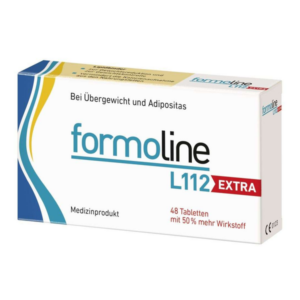 Verpackung von formoline L112 EXTRA, einem Medizinprodukt gegen Übergewicht, mit Beschreibung und Inhaltsinformationen.