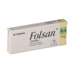Packung Folsan-Tabletten mit 50 Stück, enthält 0,4 mg Folsäure, für den Einnahmegebrauch.