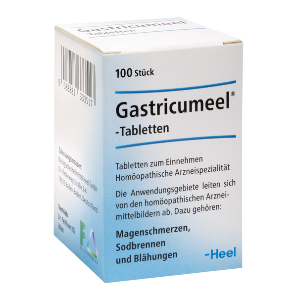 Verpackung von Gastricumel-Tabletten, einem homöopathischen Arzneimittel gegen Magenschmerzen und Blähungen.