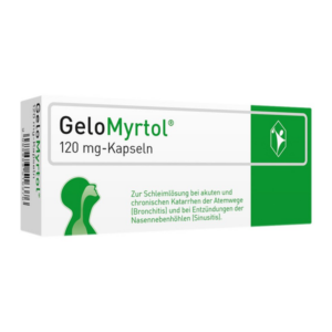 Packung von GeloMyrtol 120 mg-Kapseln, genutzt zur Schleimlösung bei Atemwegserkrankungen und Sinusitis.