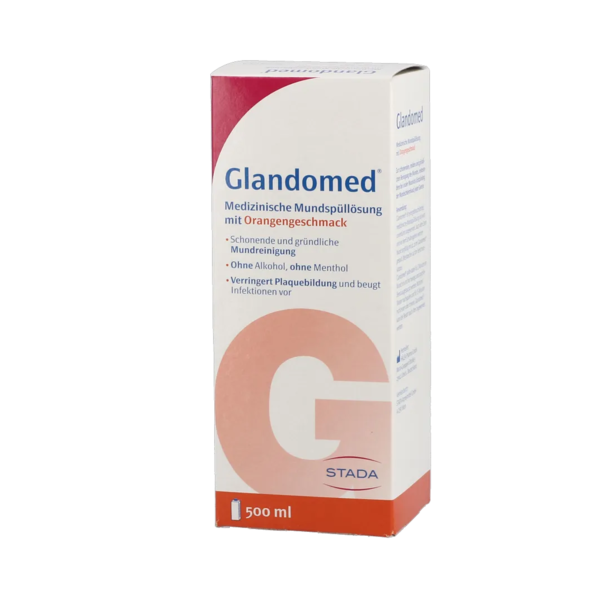 Verpackung der medizinischen Mundspüllösung Glandomed mit Orangengeschmack, 500 ml, alkoholfrei und ohne Menthol.