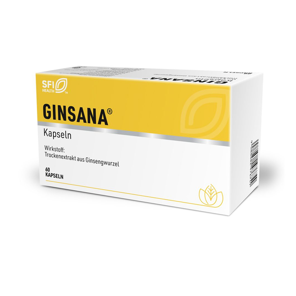 Packung mit GINSANA Kapseln, enthält Trockenextrakt aus Ginsengwurzel, Design in Gelb und Weiß.