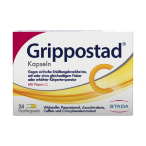 Verpackung von Grippostad Kapseln, die gegen Erkältungen mit Vitamin C und wichtigen Wirkstoffen wirkt.