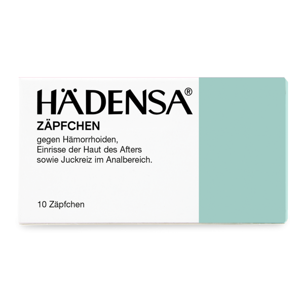 Verpackung von HäDensa Zäpfchen gegen Hämorrhoiden, Juckreiz und Hautrisse im Analbereich.