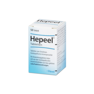 Aufrecht stehende Verpackung mit Hepeel Tabletten, Homöopathikum zur Unterstützung der Leberfunktion.