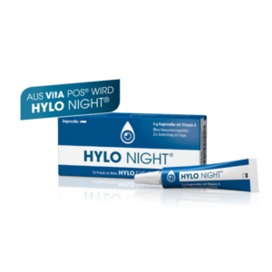 Tube und Verpackung von HYLO NIGHT Augensalbe, enthält Vitamin A, ohne Konservierungsmittel.