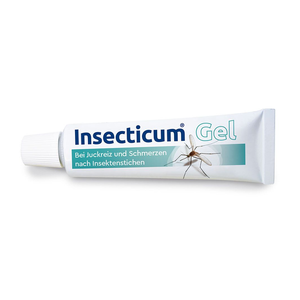 Tube mit Insecticum Gel zur Linderung von Juckreiz und Schmerzen nach Insektenstichen, abgebildet mit Mücke.