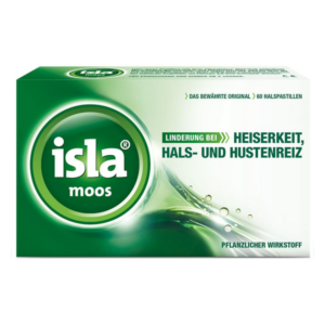 Verpackung von Isla Moos Halspastillen zur Linderung von Heiserkeit und Halsreiz, in grüner Box.