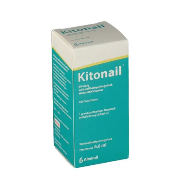 Packung mit Kitonail, einem antimykotischen Nagellack mit 80 mg Ciclopirox, für Erwachsene, 6,6 ml.