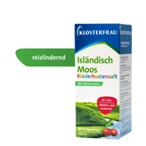 Verpackung des Klosterfrau Islänisches Moos Kinderhustensafts mit Kirschgeschmack, alkoholfrei und zuckerfrei.