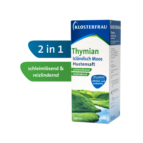 Verpackung von Klosterfrau Thymian Hustenexpectorans in einer 200 ml Flasche, mit den Hauptwirkungen 'schleimlösend' und 'reizlindernd'.