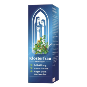 Verpackung von Klosterfrau Melissengeist mit symbolischen Pflanzen und drei stilisierten Frauenfiguren.
