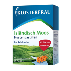 Verpackung von Klosterfrau Isländisch Moos Hustenpastillen mit Sanddorrgeschmack, für Kinder ab 6 Jahren, zuckerfrei.