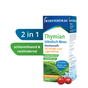 Verpackung eines Hustensafts mit Kirschgeschmack für Kinder, angezeigt mit den Eigenschaften schleimlösend und reizlindernd.