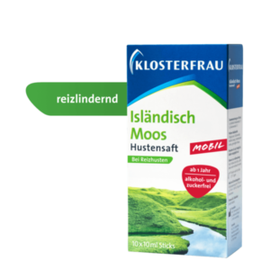 Eine Packung Klosterfrau Isländisch Moos Hustensaft, reizlindernd, für Erwachsene und Kinder ab 1 Jahr, alkohol- und zuckerfrei.