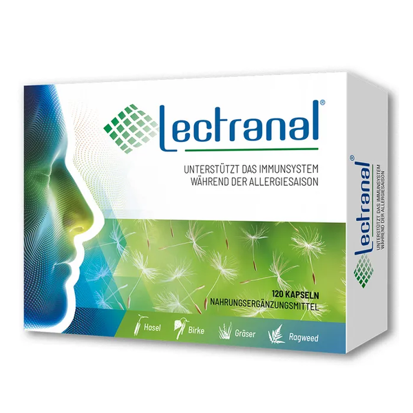 Packung Lectranal mit der Aufschrift zur Unterstützung des Immunsystems während der Allergiesaison und abgebildeten Pflanzen.