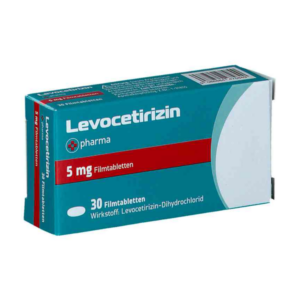 Blisterverpackung mit Levocetirizin-Tabletten, 5 mg, für Allergiebehandlung, enthält 30 Filmtabletten.