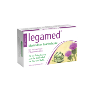 Verpackung von legamed Kapseln mit Mariendistel und Artischocke, maßgeblich für die Fettverdauung.