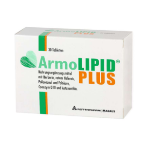 Verpackung von ArmoLIPID PLUS, einem Nahrungsergänzungsmittel mit verschiedenen Inhaltsstoffen, in einer weißen Box.