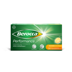 Verpackung von Berocca Performance mit orangefarbenem Geschmack, enthält Vitamine und Mineralstoffe für die Konzentration.