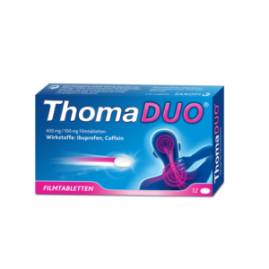 Schachtel ThomaDUO Filmtabletten mit der Schriftart und Farbschema, Dosierung und Hauptinhaltsstoffen Ibuprofen und Coffein.